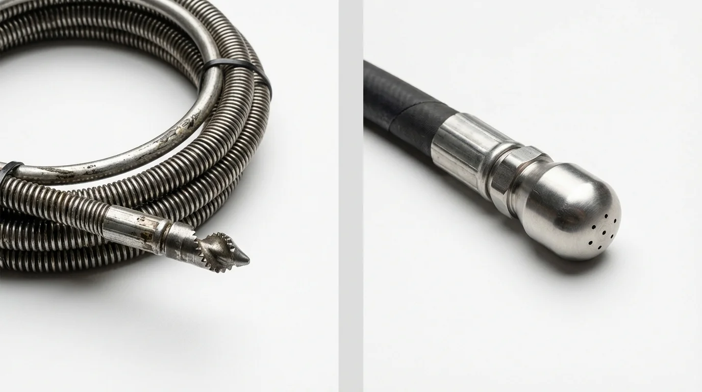 Drain snake cable and hydro jetting nozzle used for drain cleaning in Pomona, CA