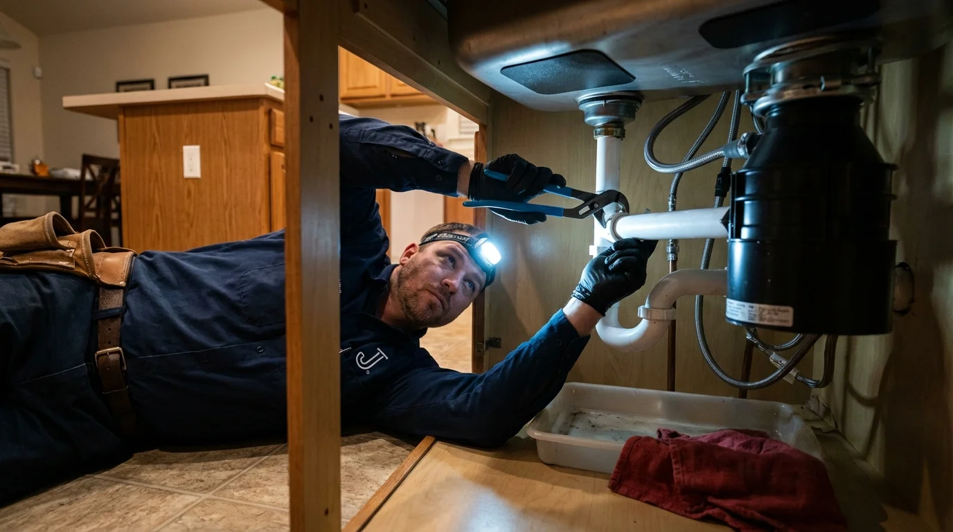 P-trap and supply line connections under a kitchen sink showing a common leak point in Pomona, CA
